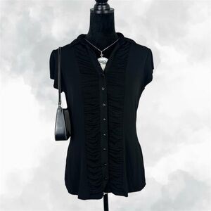 dressbarn black button up blouse w collared neckline & ruffle pleated detailing